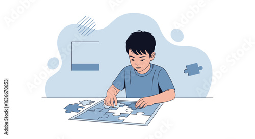 A boy solving a jigsaw puzzle at a table is an engaging vector illustration showcasing childhood development