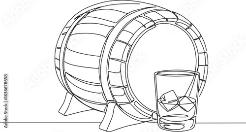 Minimalist line art illustration of a whiskey barrel with a glas