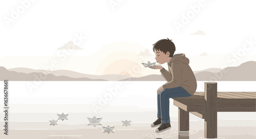 A boy sitting on a pier blowing on a paper boat contemplating the future landscape