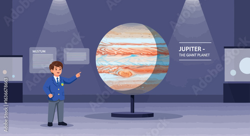 A boy presenting Jupiter in a science museum perfect for educational content and learning about space and our solar system