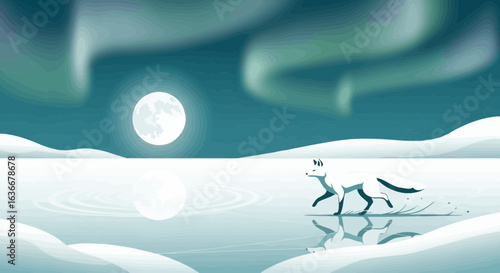 A captivating illustration featuring a white fox under the shimmering northern lights arctic landscape vector graphic winter wonderland