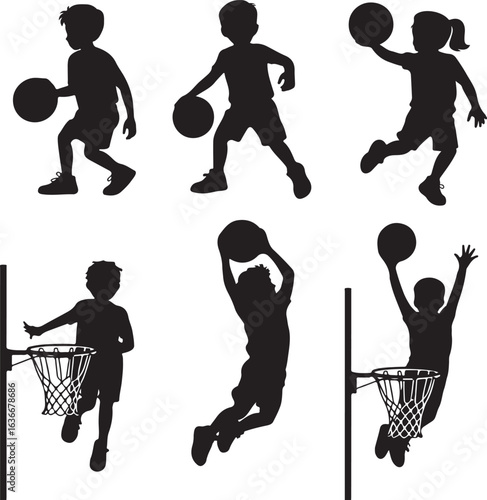 Six Black Silhouettes of Kids Playing Basketball