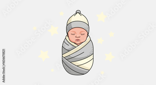 A charming illustration of a peacefully sleeping newborn baby wrapped in a blanket surrounded by stars creates a sense of innocence