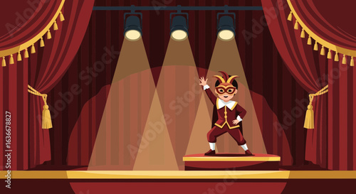 A charming illustration of a child in costume taking a bow on a theatrical stage