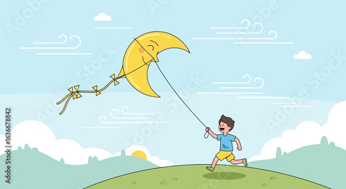 A cheerful boy enjoys flying a moon-shaped kite on a sunny day in a picturesque landscape