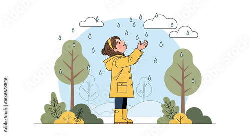 A cheerful girl enjoys a rainy day in a park embracing the beauty of nature