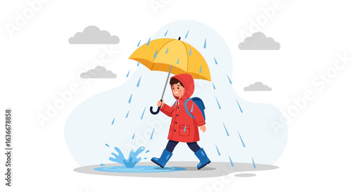 A cheerful child braves the rain with a yellow umbrella, embracing the elements and finding joy in the puddles during a rainy day