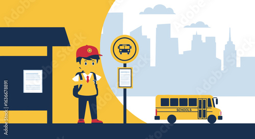 A cheerful illustration of a student waiting at a bus stop for school bus