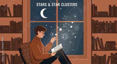 A cozy evening reading with celestial views and the comfort of home library ambiance