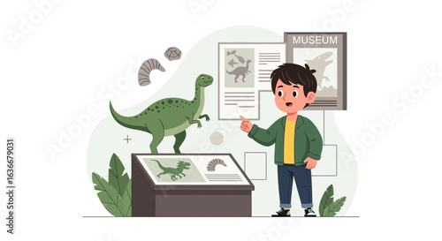 A Curious Boy Exploring Dinosaurs at the Museum Discovering Prehistoric Life and Paleontology Wonders with Delight and Fascination