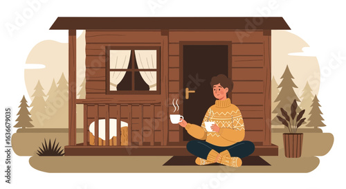 A cozy scene of a man relaxing with coffee in front of a rustic cabin in nature