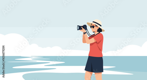 A Female Photographer Capturing Coastal Views, Enjoying a Relaxing Vacation Outdoors
