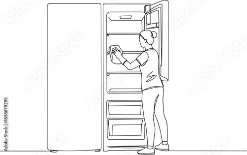 Line art depiction of woman arranging food inside a modern refri