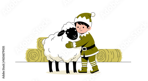 A heart warming illustration featuring an elf hugging a fluffy sheep near bales of hay, evoking a sense of friendship and winter cheer