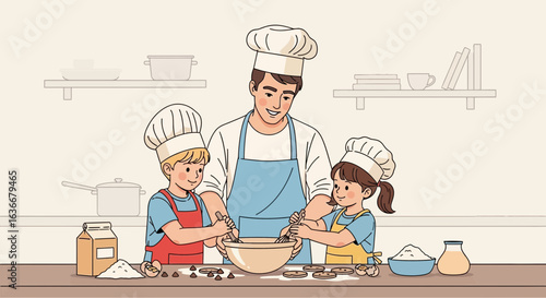 A heartwarming illustration of a father and two children baking together in the kitchen creating cherished family memories