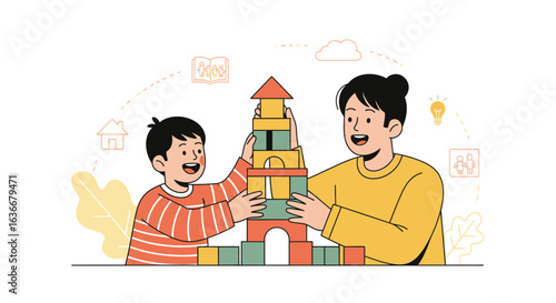 A heartwarming illustration of a mother and son joyfully building a tower together using colorful wooden blocks in a nurturing environment