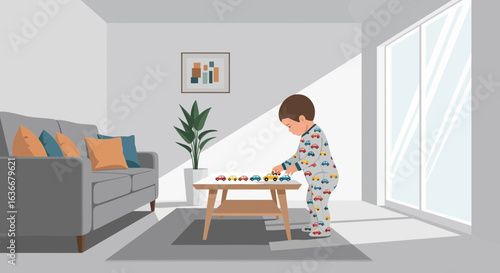 A Little Boy Playing with Toy Cars in a Modern Living Room Illustration, a Scene of Childhood Innocence and Joyful Playtime at Home