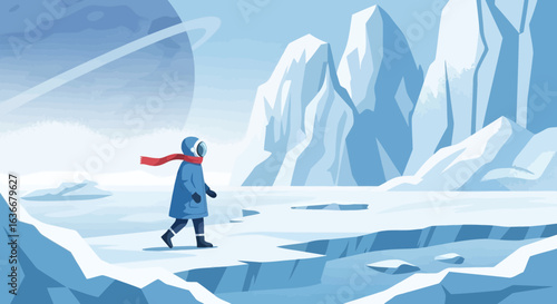 A lone explorer ventures across a frozen landscape on a distant planet illustration