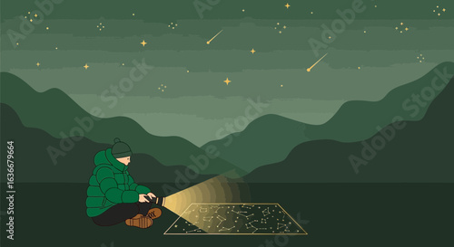 A lone observer studies constellations in a serene mountain landscape under the stars using a flashlight