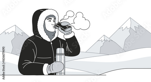 A man drinking hot beverage from a thermos in a snowy mountainous landscape enjoying the winter season