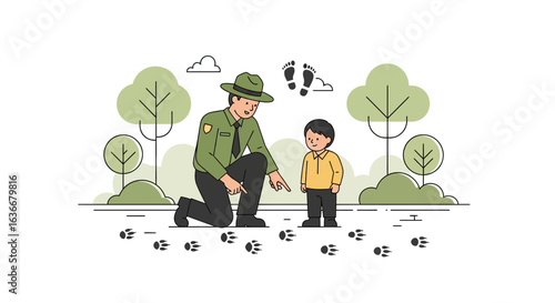A park ranger teaching a child about animal tracks in a stylized nature scene illustration