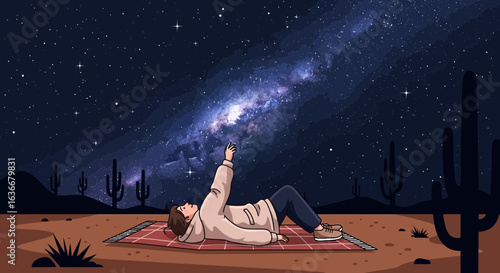 A peaceful desert night: woman gazing at the majestic milky way galaxy under starry sky