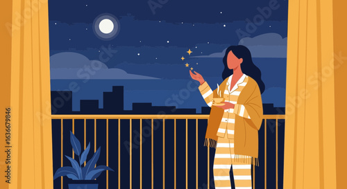 A peaceful night scene: Woman contemplating city lights and stars from her balcony