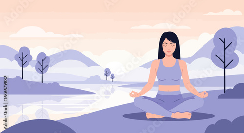 A peaceful yoga retreat: woman meditating in a serene landscape illustration