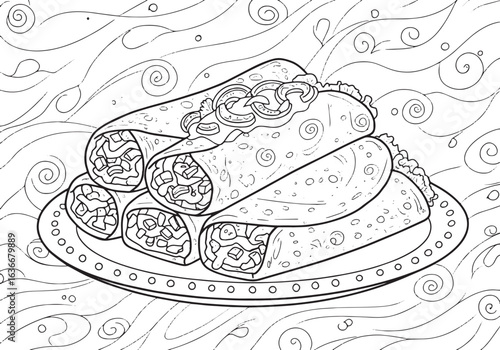 Delicious enchiladas illustration on a decorated plate suitable