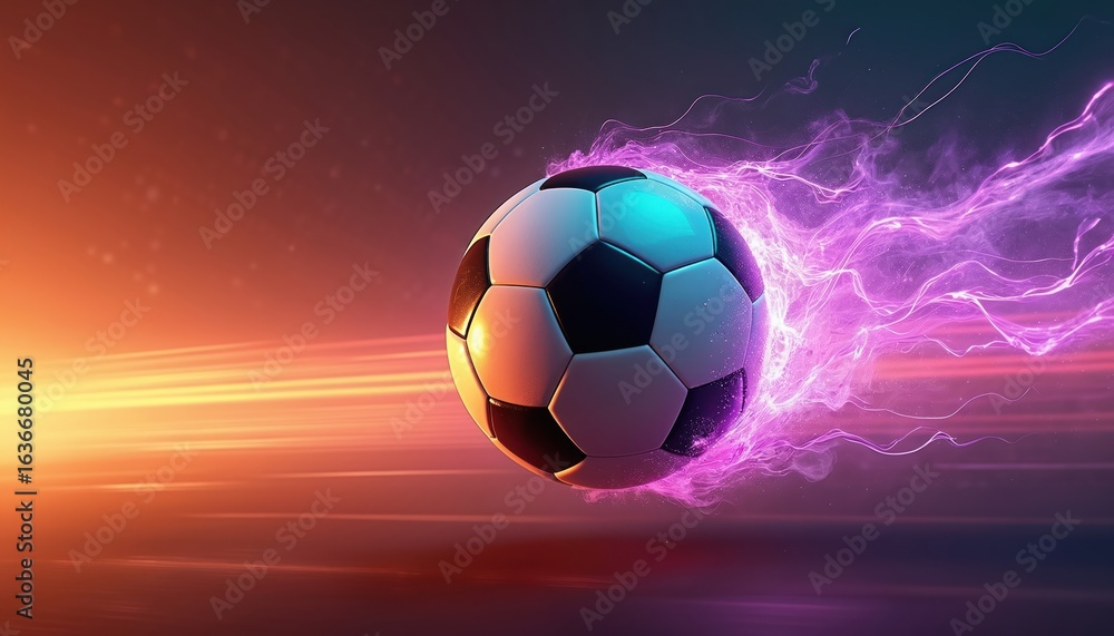 Fototapeta premium Soccer ball in motion with vibrant purple, green light trails. Dynamic movement, speed, energy, power conveyed. Abstract background with blurred streaks, glows. Perfect for sports, gaming, graphic
