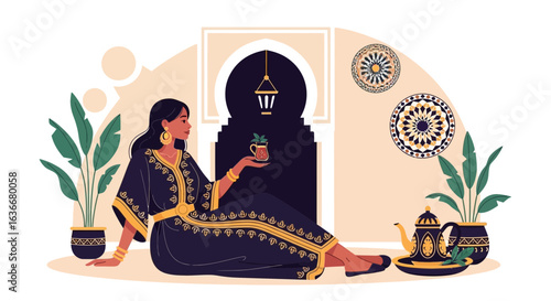 A serene depiction of a woman in traditional Moroccan attire enjoying tea time