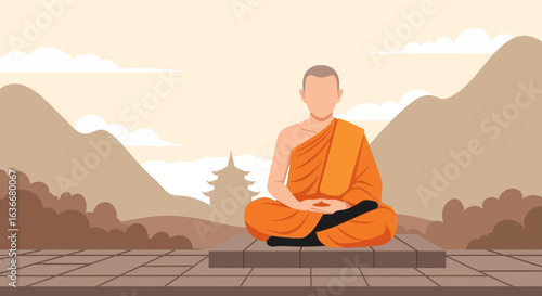 A serene monk meditating in lotus position against a peaceful mountainous landscape provides tranquility and mindfulness