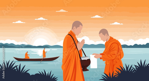 A serene morning scene of Buddhist monks receiving alms in a traditional setting