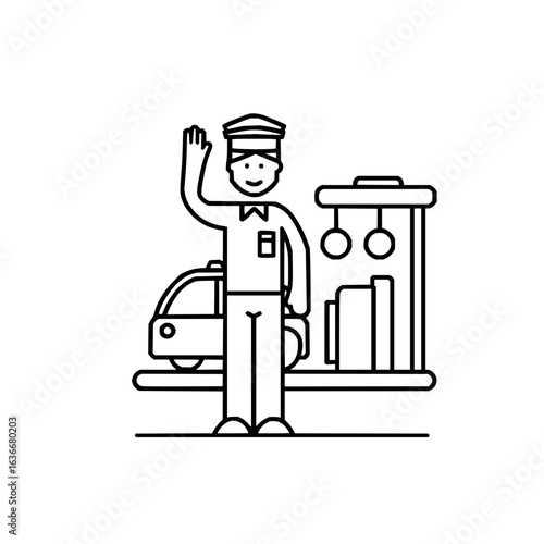 Find a friendly train conductor waving near a train car and luggage carousel line art vector graphic icon