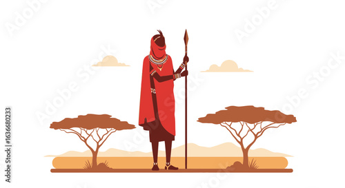 A stunning illustration of a Maasai warrior in traditional attire standing in the African savanna