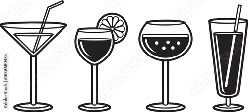 Four distinct cocktail glasses filled with colorful beverages and fresh garnishes presented in a vibrant illustration