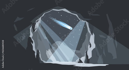 A visually captivating vector illustration of a comet shining through cave entrance with a starry night landscape, creating a magical atmosphere
