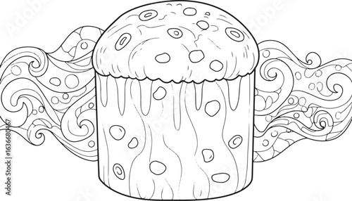Monochrome Panettone Illustration with Decorative Swirls and Fes