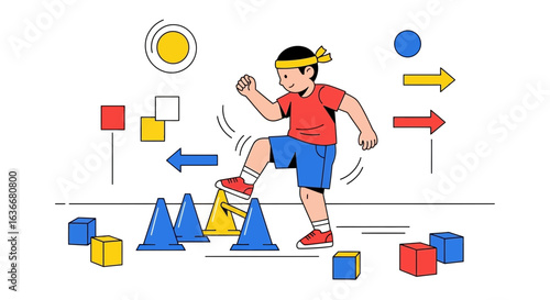 A young boy engages in agility training and fitness exercises using cones and obstacles