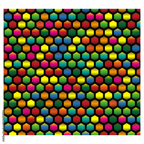 Seamless bright hexagon pattern with shiny effect. Multicolor honeycomb texture in vivid tones. Modern decorative background. EPS 10.