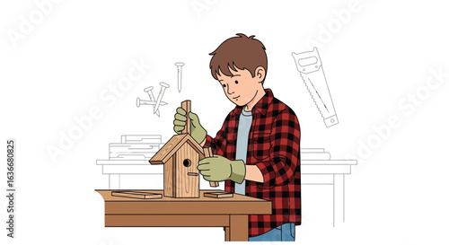 A young boy engaged in woodworking crafting a birdhouse project with attention to detail in a workshop setting