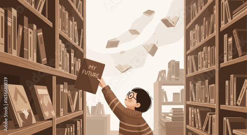 A young boy envisions his future while surrounded by books in a library filled with knowledge and opportunity