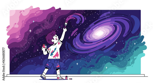 A young boy paints a vibrant and imaginative galaxy on a large canvas space exploration