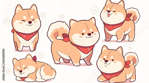 Kawaii Shiba Inu dogs in various poses. Hand drawn sticker vector set