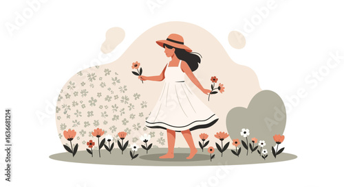 A young woman in a white dress and hat walking through a flower field holding flowers evokes a sense of carefree summer bliss