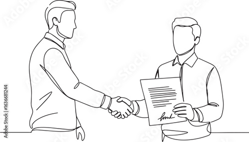 Two men sealing a deal with a handshake, continuous line drawing