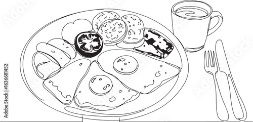 Minimalist continuous line drawing of a full english breakfast w