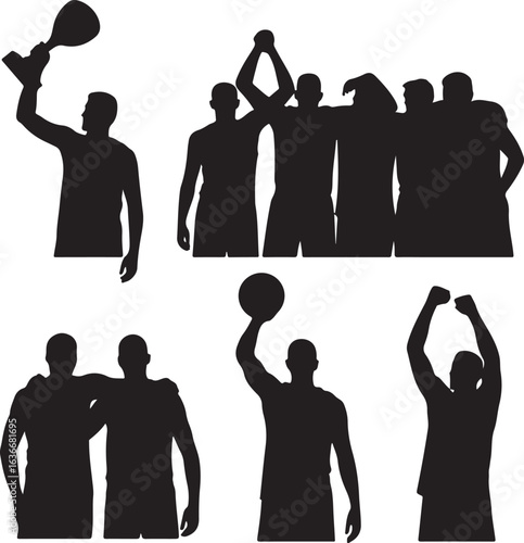 Set of Five Black Silhouettes of Basketball Teams Celebrating Victory