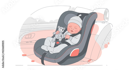 Adorable Baby Sleeping Soundly In Car Seat With Teddy Bear Illustration