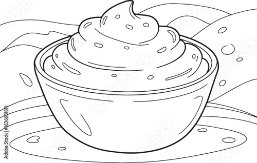 Elegant outline illustration of zabaglione in a bowl on decorati